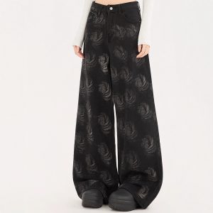 Womens High-waisted Loose-fit Washed Denim Jeans With A Printed Design