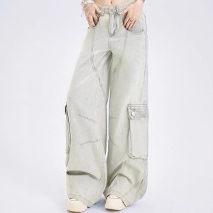 Womens Straight-Leg Multi-Pocket Workwear-Style Loose Wide-Leg Denim Jeans