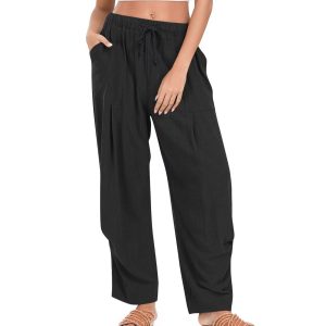 Womens Solid-Color Cotton-Linen Casual Loose Straight Pockets Lounge Pants With Drawstring
