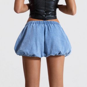 Womens Elastic-Waist Bud-Shape Versatile Slim-Fit Denim Shorts