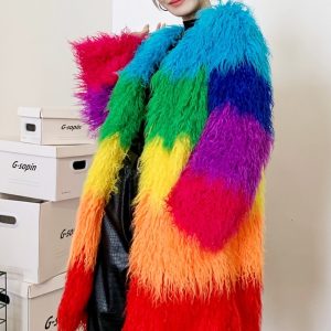 Contrast-color Plush Patchwork Coat Winter Lambswool Coat