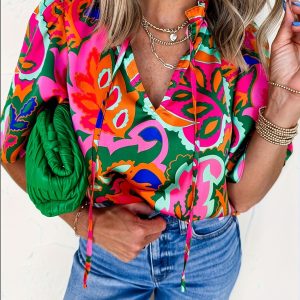 Womens Breathable V-Neck Printed Casual Shirt For Summer Workouts