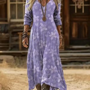 Womens 3D-printed V-neck Long-sleeve Dress