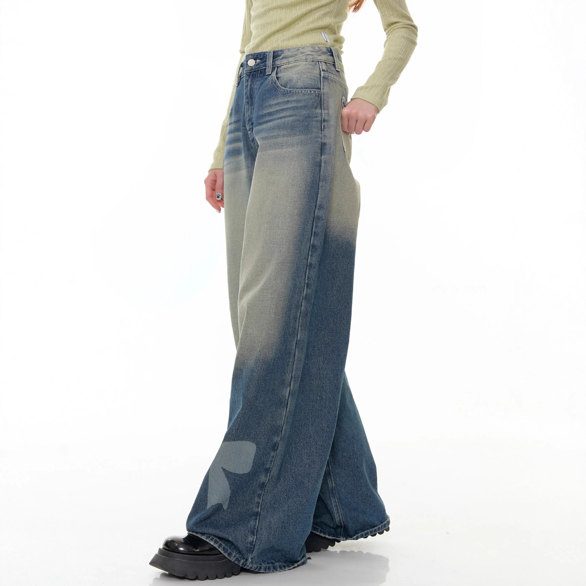 Retro Wide-leg Bow-tie Printed Washed Denim Jeans - الصورة 4