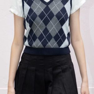 Retro Preppy Style Versatile Diamond-Check BM Knitted Vest