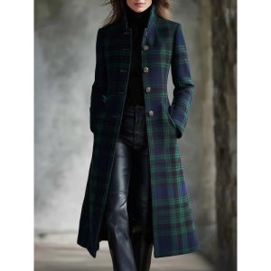 Womens Single-Breasted Plaid Long-Sleeve Long Cardigan Coat
