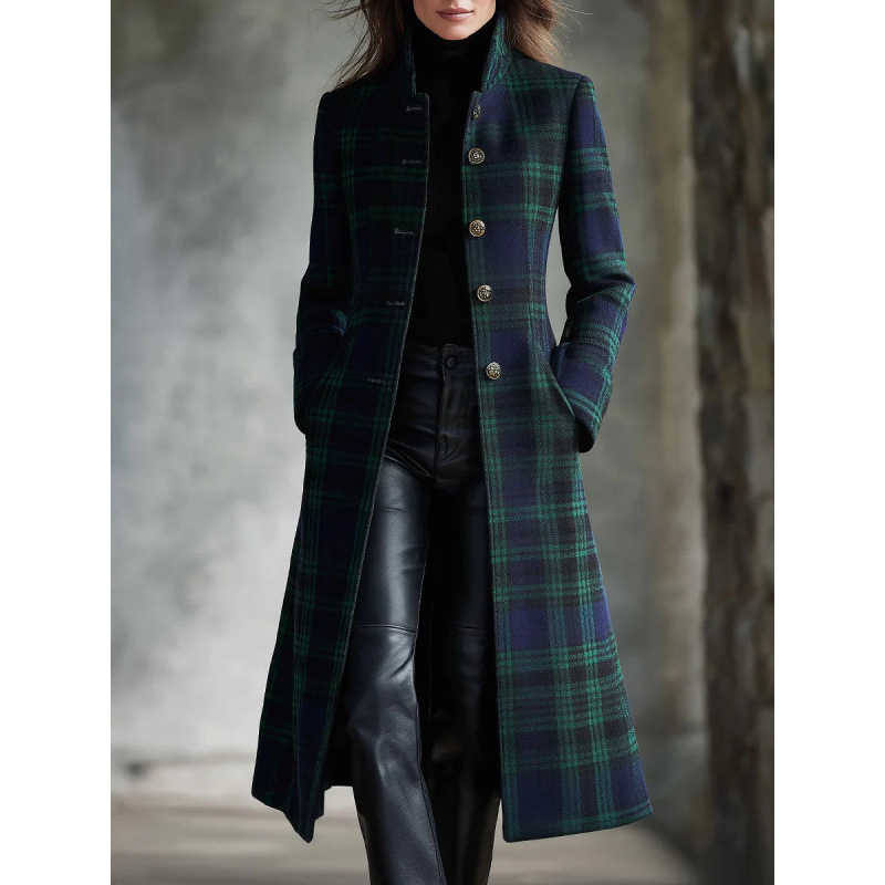 Womens Single-Breasted Plaid Long-Sleeve Long Cardigan Coat - Image 5