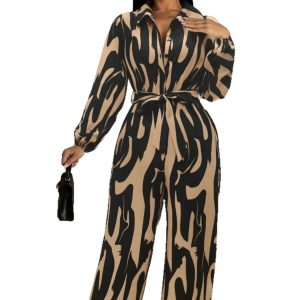Womens Stylish Wide-leg Jumpsuit With Long Sleeves Floral Print And A Fitted Waist