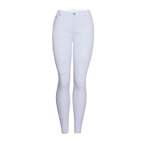 Womens Trendy Slim-fit Solid-color White Ripped Skinny Pants