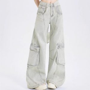 Womens Straight-Leg Multi-Pocket Workwear-Style Loose Wide-Leg Denim Jeans