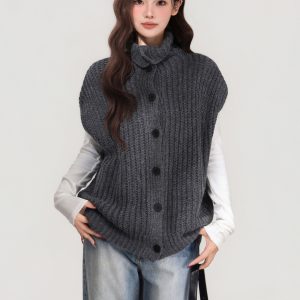 Grey Lapel Knitted Vest Sweater Warm Coat Women's Autumn And Winter Innerwear Top