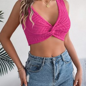 Solid Color Tie Front Knit Crop Top - Vacation Blouse