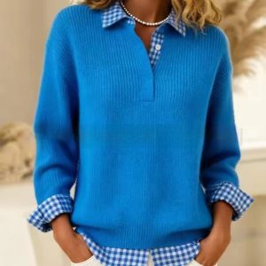 Womens Patchwork Sweater With A Shirt Collar For A Casual Fashionable Look