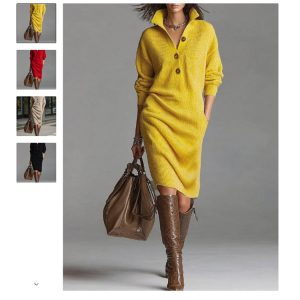 Casual Button Lapel Straight Knit Medium To Long Haired Dress