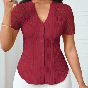Versatile Slim-fit Embroidered Hollow-out Short-sleeve Top With A Single-breasted Design