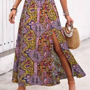Womens Ethnic-style Floral-print A-line Skirt With A Slit