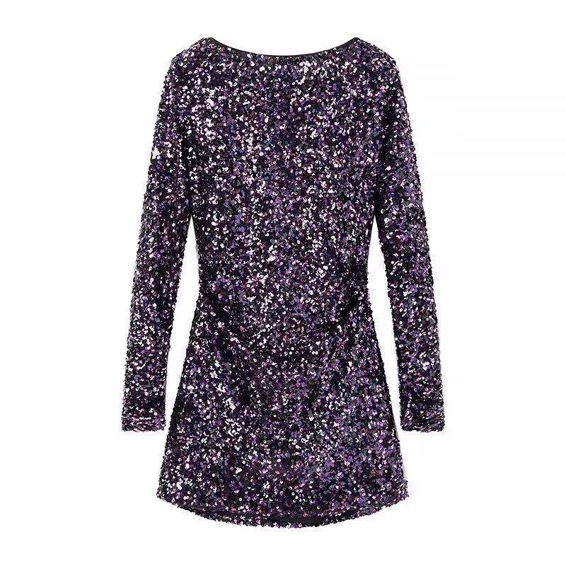 French Style Retro Crew Neck Long Sleeve Sequined Backless Dress - الصورة 5