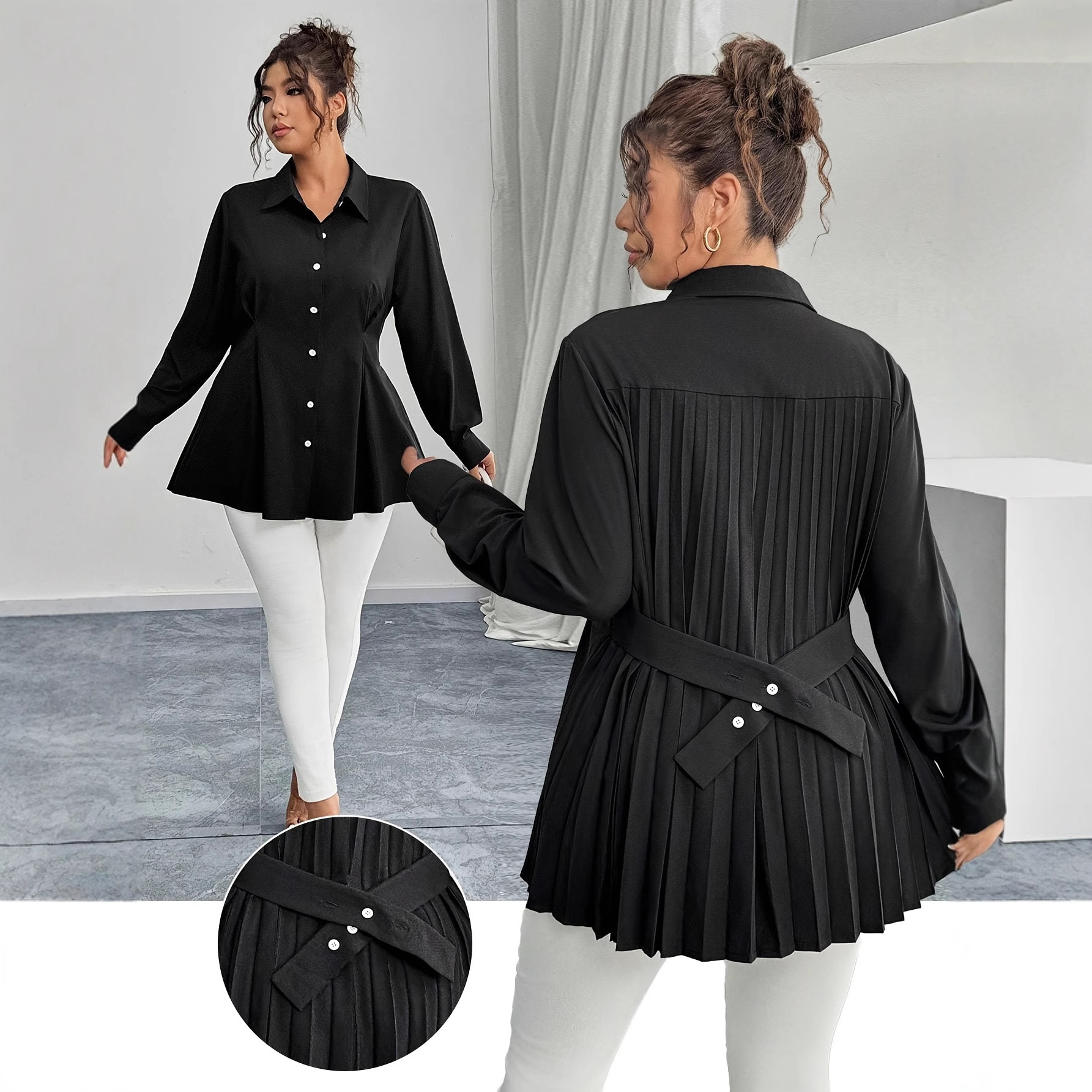 Elegant Casual Solid-color Shirt With Waist Pleats