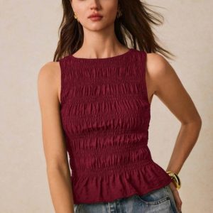 Womens Solid-Color Pleated Crew-Neck Casual Tank Top