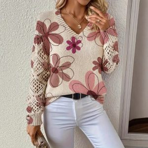 Printed Sweater With A V-neck And Long Sleeves Pullover Style