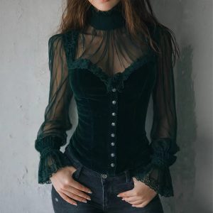 Mesh-panel Black Lace Top With Hollow-out Floral Trim