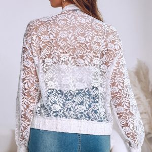 Womens Lightweight  Sheer White Lace Fabric Cropped Jacket With 3D Floral Detailing