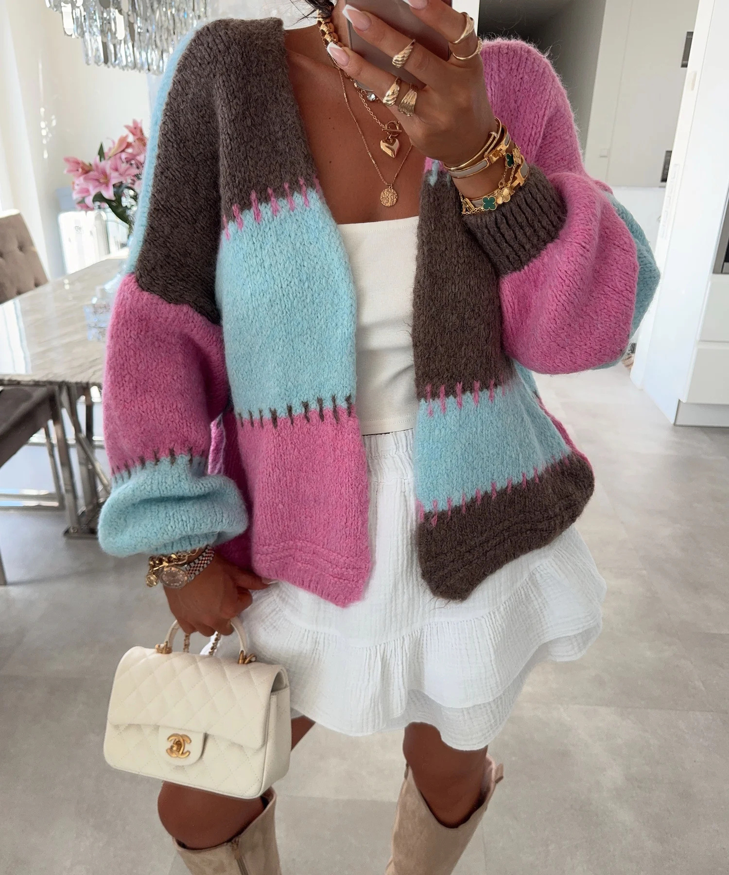 New Colorful Plaid Patchwork Contrast-color Knit Sweater Jacket With Gold Thread - الصورة 7