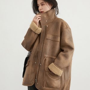 Women's Motorcycle Clothing Suede Lamb Wool Reverse Coat