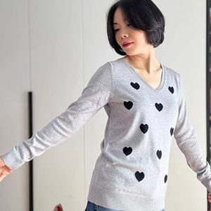 Womens Modal V-Neck Long-Sleeve Heart-Shape Jacquard Pullover Knit Top