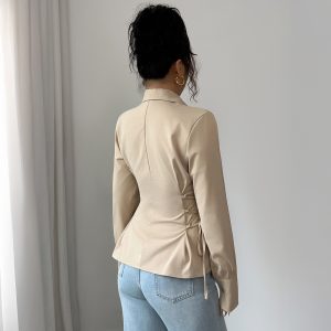 Womens Solid-Color Elegant Buttoned Waist-Cinched Shirt