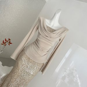 Women's Champagne Gold Sequin Two-Piece Evening Gown Set Ruched Top Mermaid Skirt Formal Party Dress