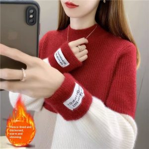 Womens High-Waisted Colorblock Mink-Blend Sweater