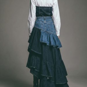 Two-Tone Denim High Waist Asymmetric Multi-Layer Ruffle Midi Skirt