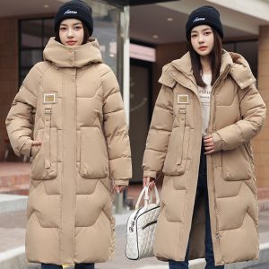 Womens Mid Length Over The Knee Detachable Hooded Padded Down Jacket With Cotton Lining