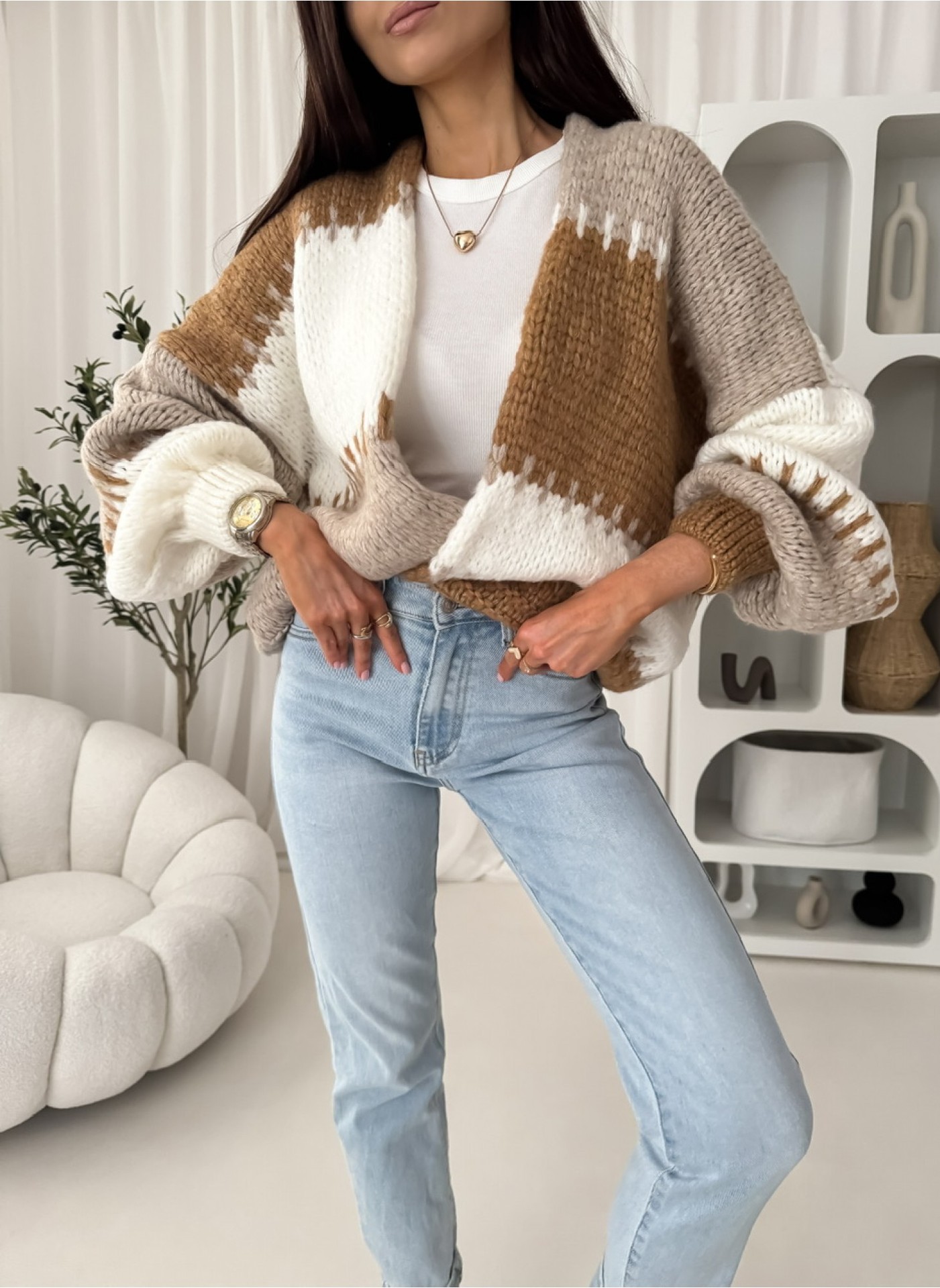 New Colorful Plaid Patchwork Contrast-color Knit Sweater Jacket With Gold Thread - الصورة 8