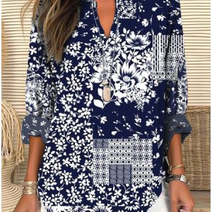 Womens Fashionable Loose Shirt With 3D Floral Print And V-Neck