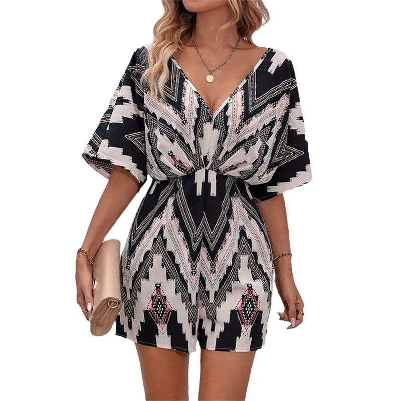 Women's Printed V-neck One-piece Sleeve Loose Jumpsuit - Image 5