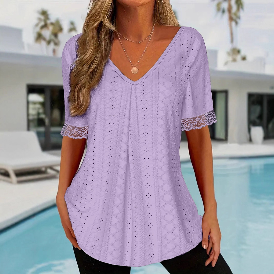 Womens Solid-Color V-Neck Loose Short-Sleeve Pleated T-Shirt Top - Image 3