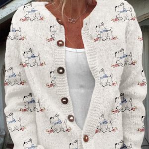 Womens 3D-printed Crew-neck Cardigan A Stylish Knit Outerwear Piece For Fall