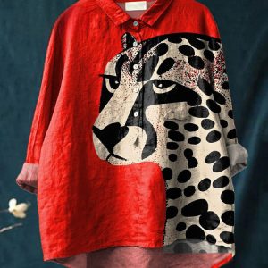 Womens Summer Loose-Fit Printed Lapel Casual European-Size Shirt