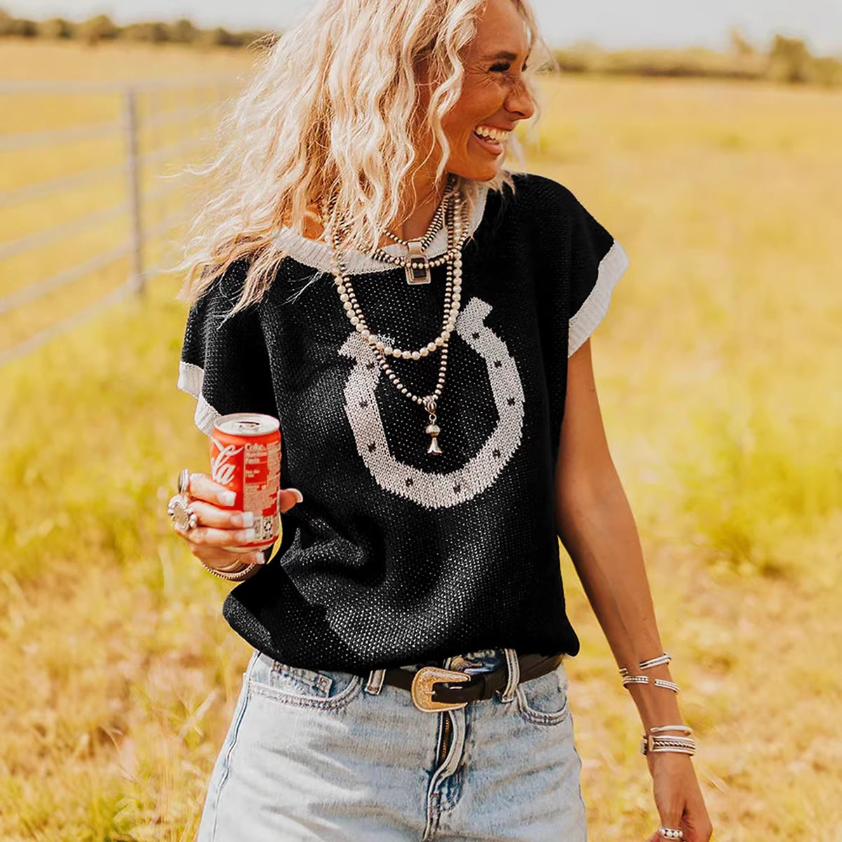 Womens Crew-neck Knitted Short-sleeve Pullover Top - Image 3