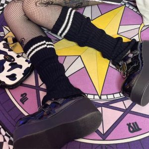 Womens Knitted Striped Black Over-the-Knee Socks