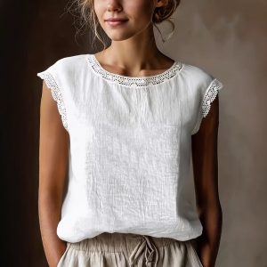 Loose Solid-Color Crew-Neck Lace Sleeveless Cotton-Linen Shirt