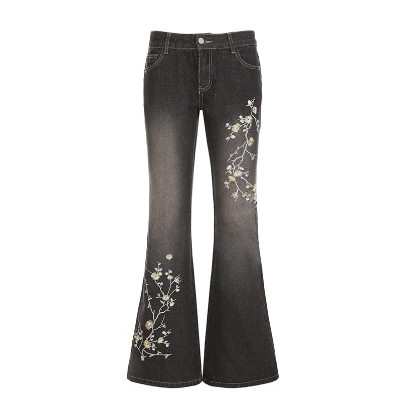 Denim-style Casual Pants With Floral Embroidery - الصورة 6