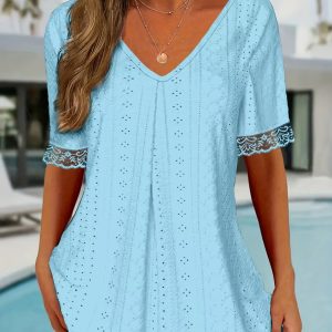 Womens Solid-Color V-Neck Loose Short-Sleeve Pleated T-Shirt Top