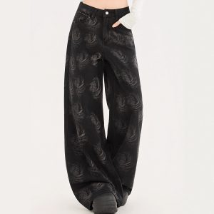 Womens High-waisted Loose-fit Washed Denim Jeans With A Printed Design