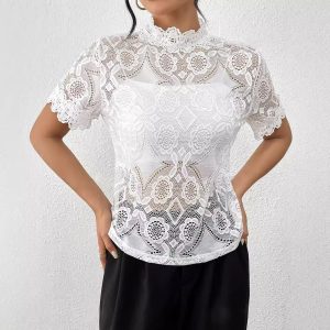 Womens White Lace-panel Trim Top