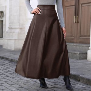 Slimming Hip-covering Mid-length A-line PU Leather Skirt With A Flared Hem