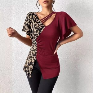 Womens Leopard-Print Asymmetrical-Neck Butterfly-Sleeve Patchwork Top