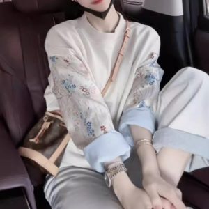 New Chinese-style Color-block Embroidered Crewneck Long-sleeve Hoodie